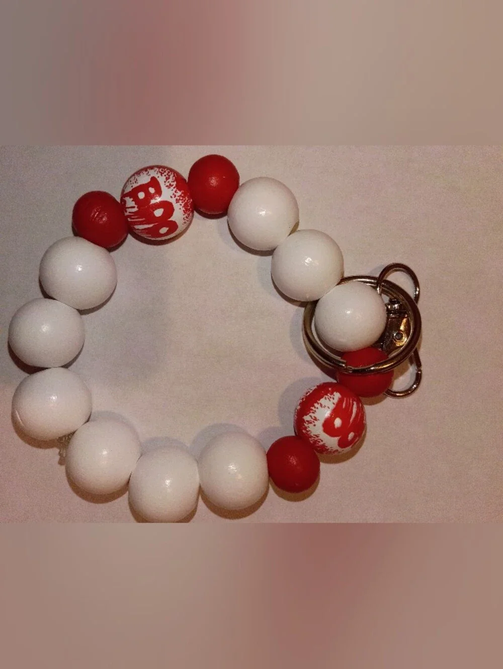 Red and White Beaded Keychain Bracelet
